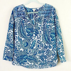 J. Crew Embroidered Long Sleeve Blouse 100% Cotton Blue Floral Top size S